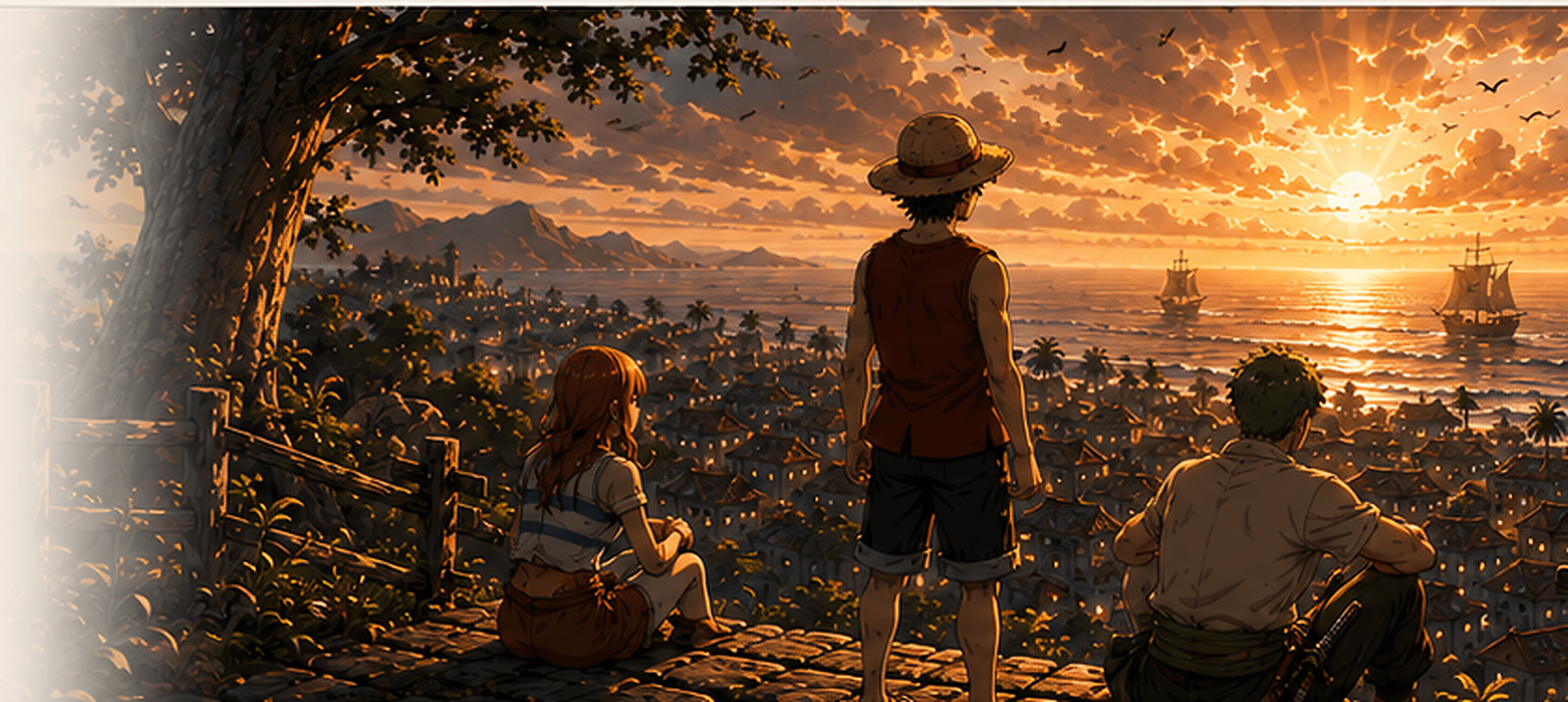 A cinematic sunset over an original coastal fantasy world