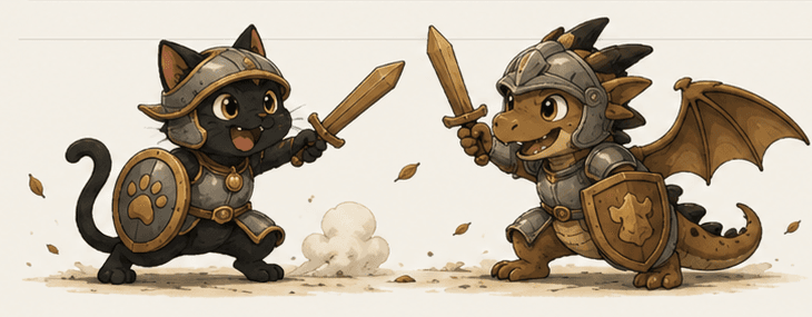 The Beyond Canon Cat and Dragon jokingly sparring in fantasy armour