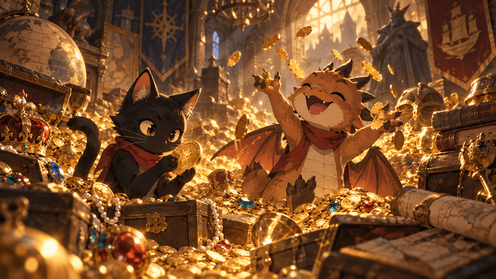 The Beyond Canon Cat and Dragon surrounded by treasure and gold