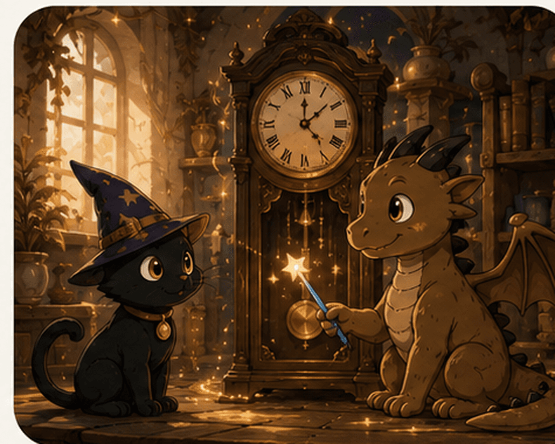 The Beyond Canon Cat in a wizard hat and Dragon exploring time and magic around a grandfather clock